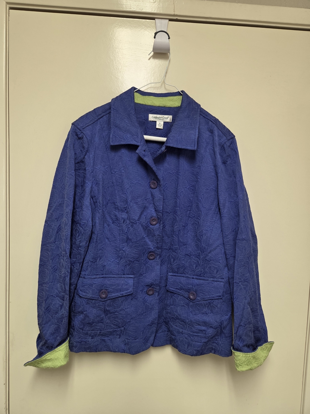 Vintage 90s Coldwater Creek Blue Jacquard Textured Jacket Size 12 Large